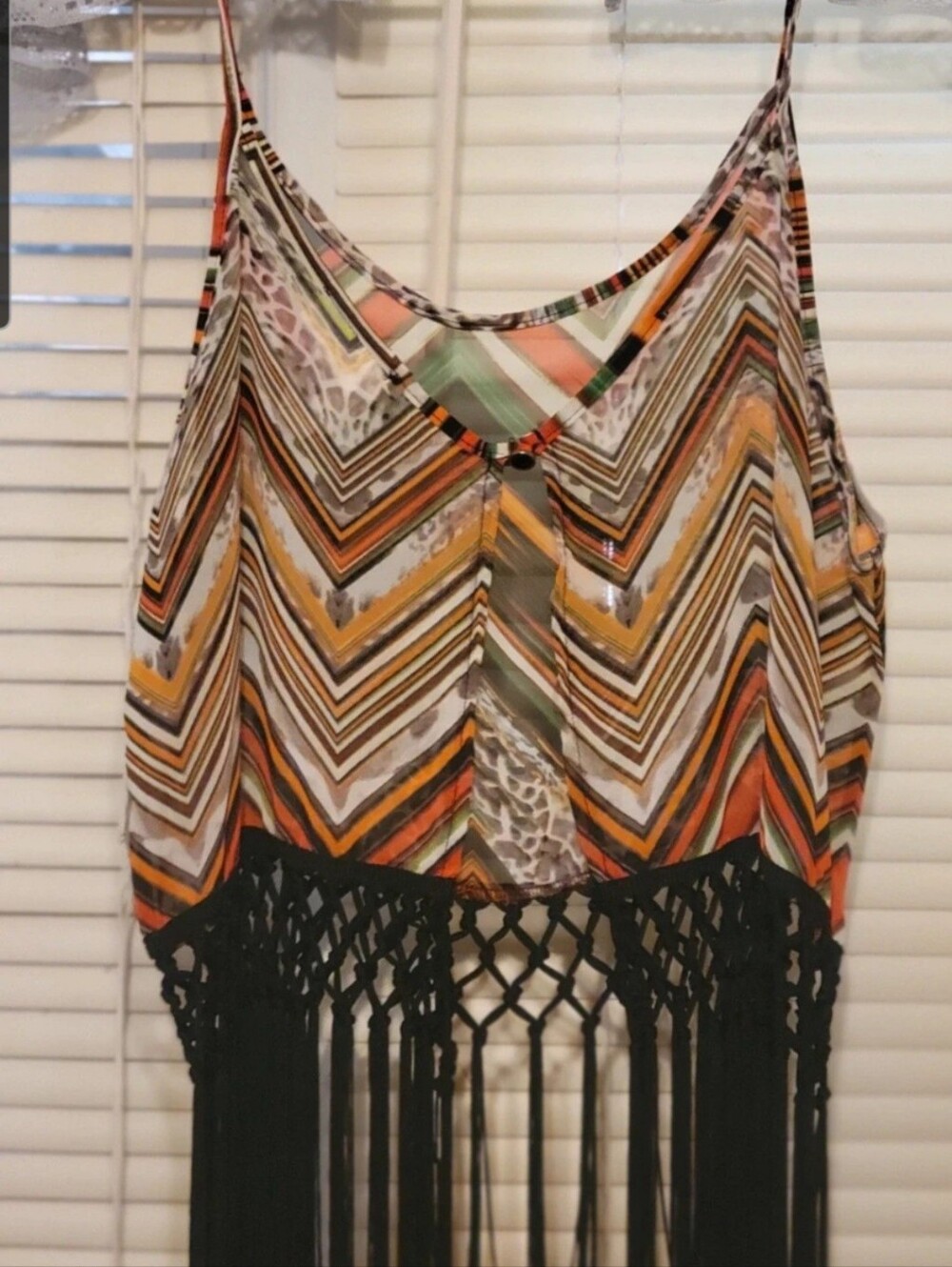 Boho Chevron Fringe Camisole Tank Top - Black Fringe, Multicolor Print